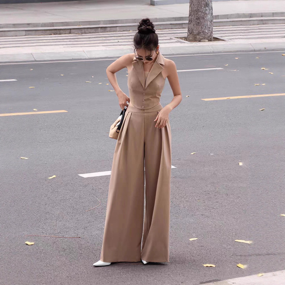Wide leg halter tops high waist long pants 2pcs set