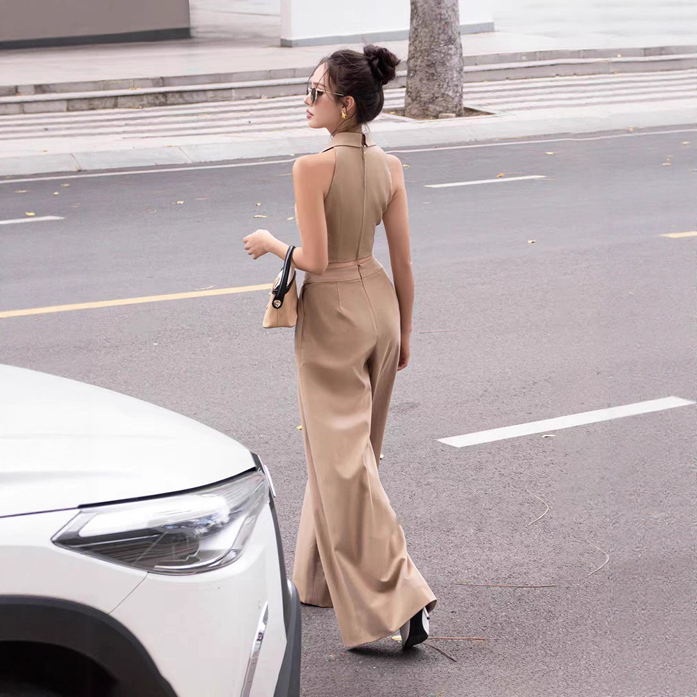 Wide leg halter tops high waist long pants 2pcs set