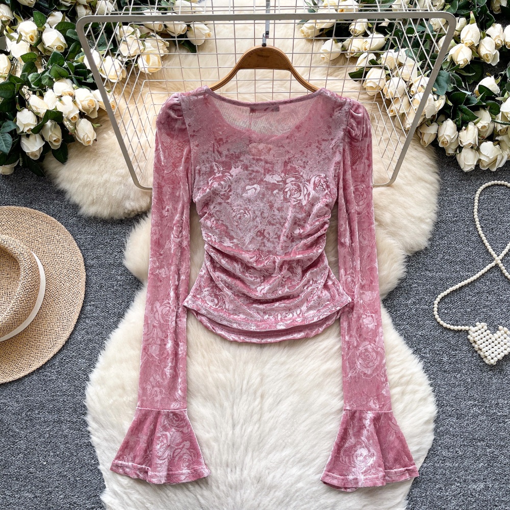Western style velvet shirt niche hollow tops for women