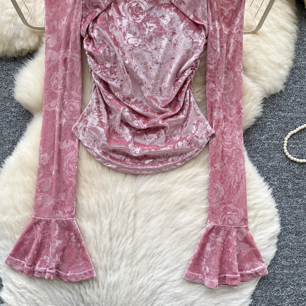 Western style velvet shirt niche hollow tops for women