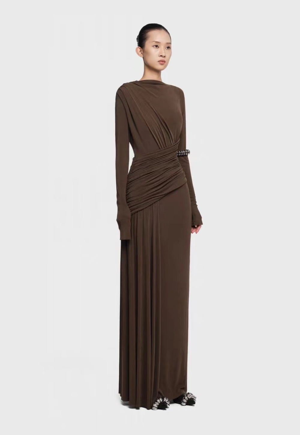 Asymmetry fold slim long dress simple niche dress