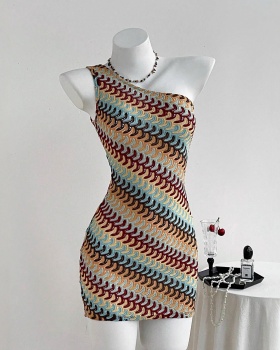 Sexy vacation colors hollow sloping shoulder dress