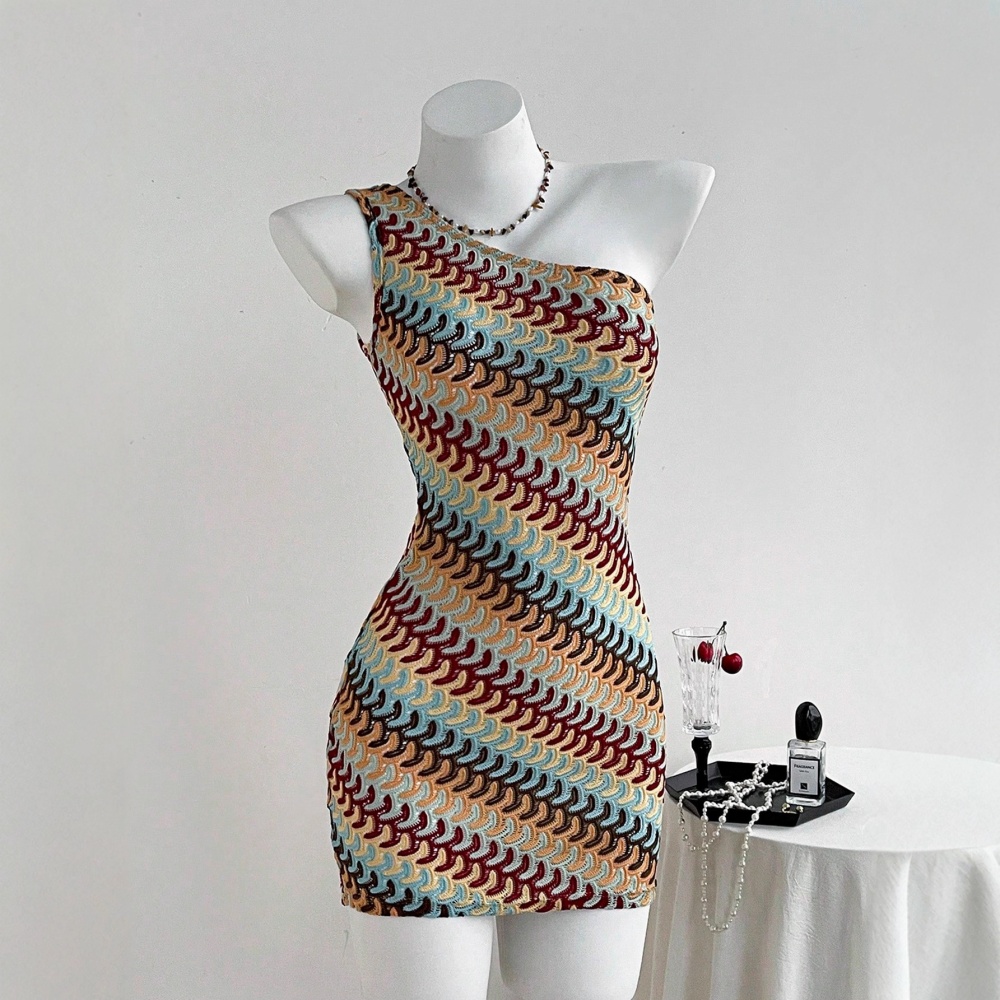 Sexy vacation colors hollow sloping shoulder dress