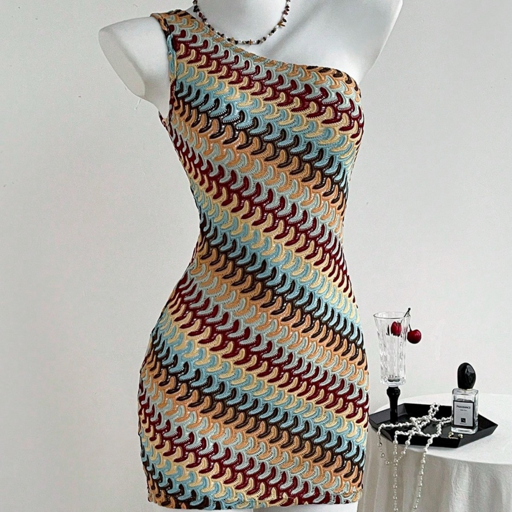 Sexy vacation colors hollow sloping shoulder dress