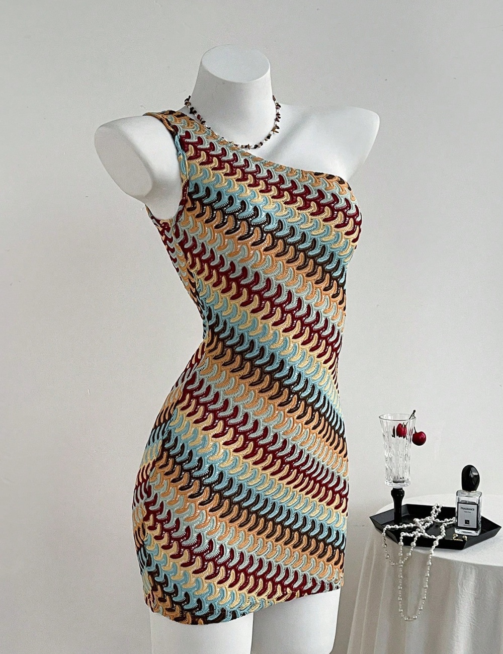 Sexy vacation colors hollow sloping shoulder dress