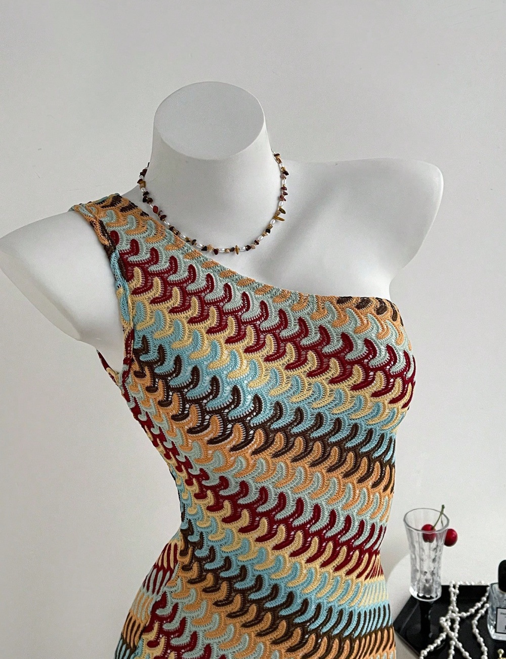 Sexy vacation colors hollow sloping shoulder dress