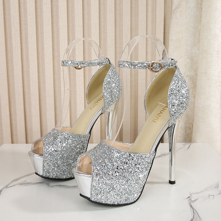 Show fish mouth sequins platform bride high-heeled shoes
