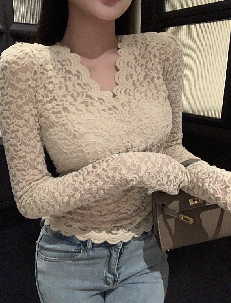 Sexy V-neck bottoming temperament retro lace shirts