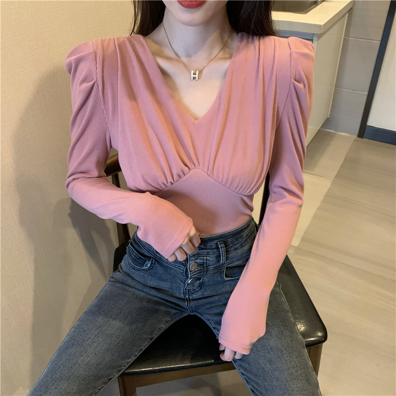 Slim pure tops V-neck wears outside bottoming shirt