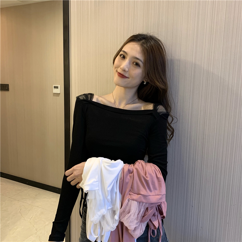 Slim autumn drawstring strapless square collar gauze tops