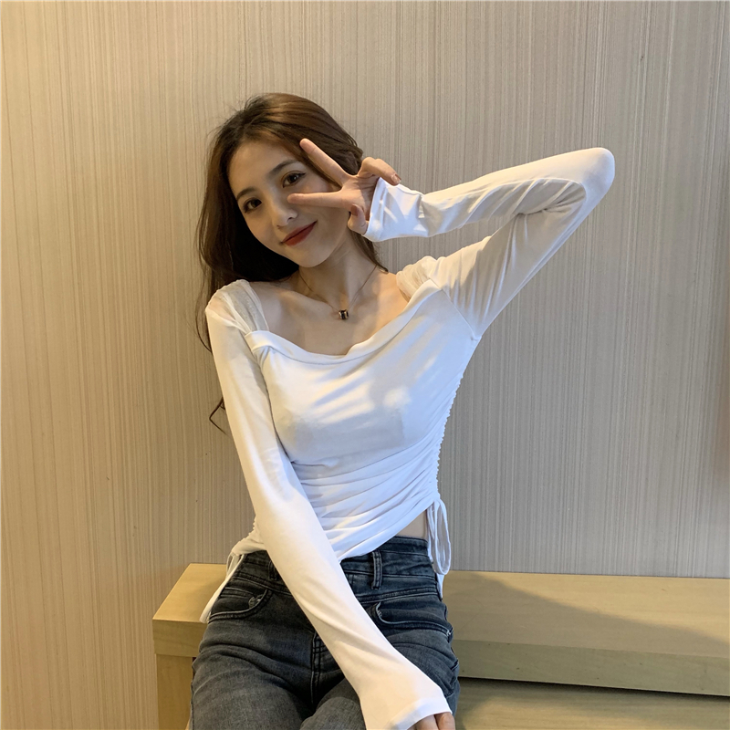 Slim autumn drawstring strapless square collar gauze tops