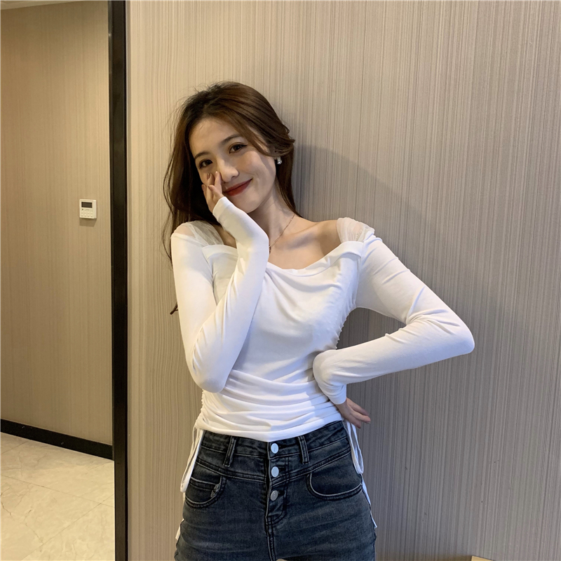 Slim autumn drawstring strapless square collar gauze tops