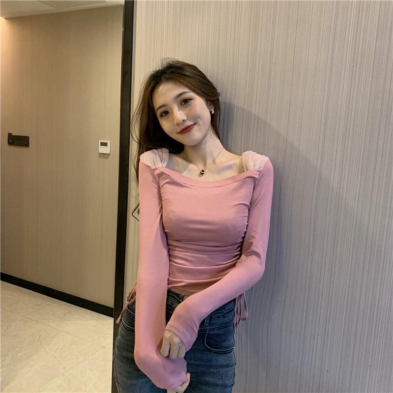 Slim autumn drawstring strapless square collar gauze tops