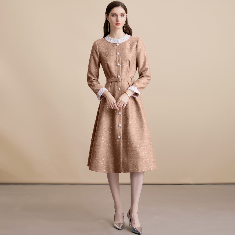 Single-breasted round neck with belt elegant France style dress