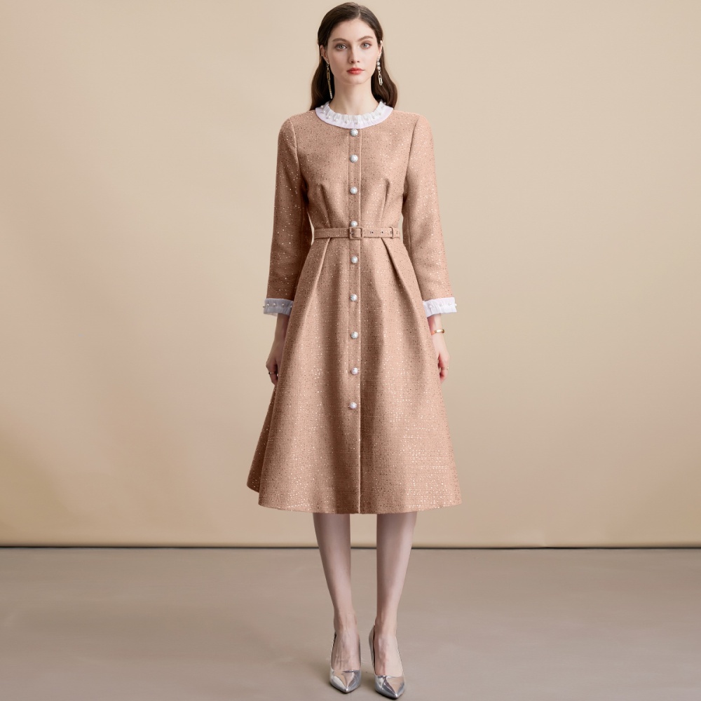 Single-breasted round neck with belt elegant France style dress