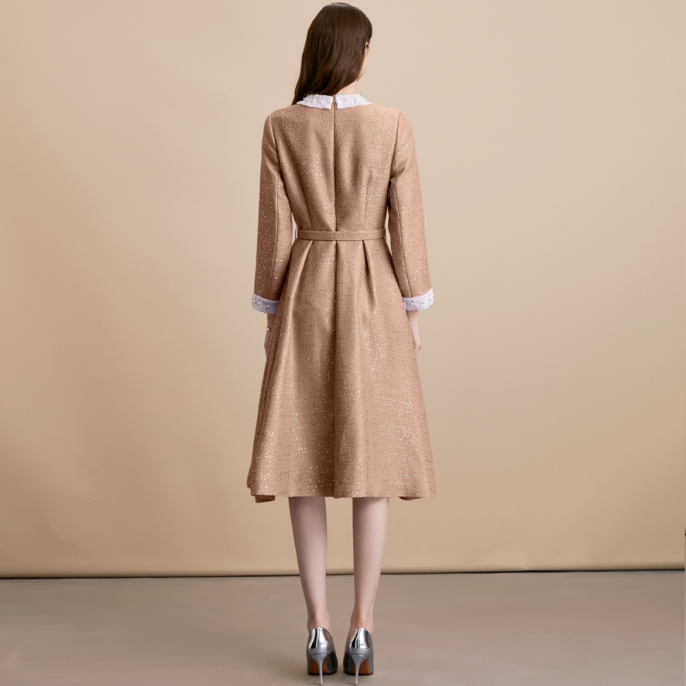 Single-breasted round neck with belt elegant France style dress