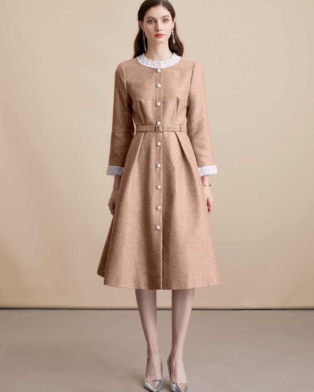Single-breasted round neck with belt elegant France style dress