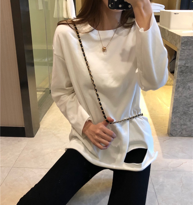 White loose bottoming shirt holes long sleeve T-shirt