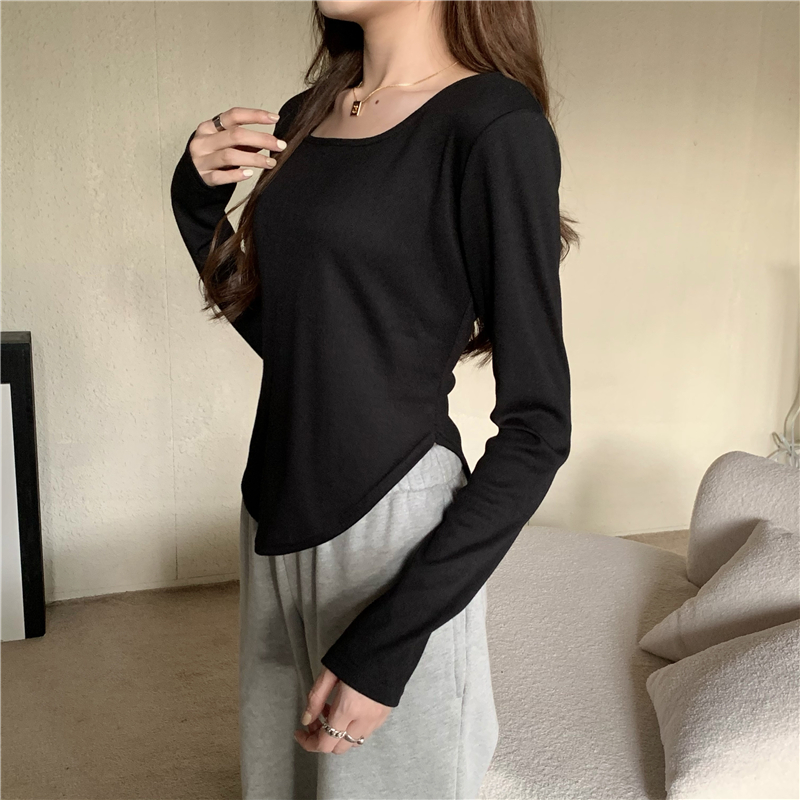 Square collar slim T-shirt all-match irregular tops