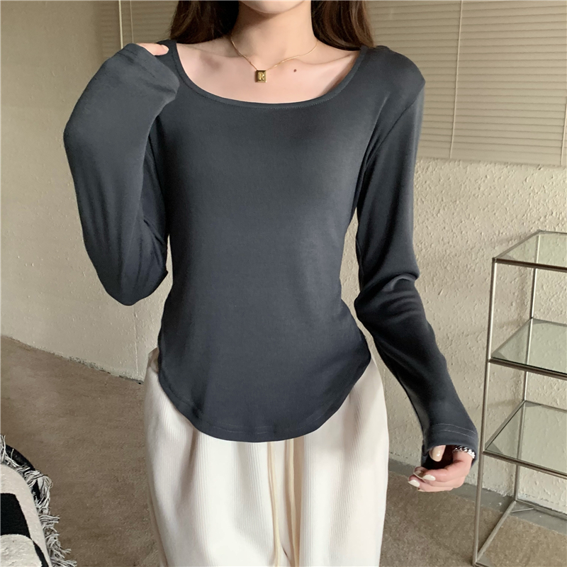 Square collar slim T-shirt all-match irregular tops