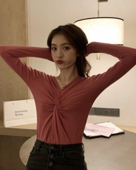 Long sleeve chest cross tie tops slim all-match pure T-shirt