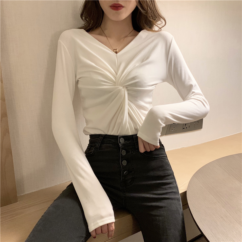 Long sleeve chest cross tie tops slim all-match pure T-shirt