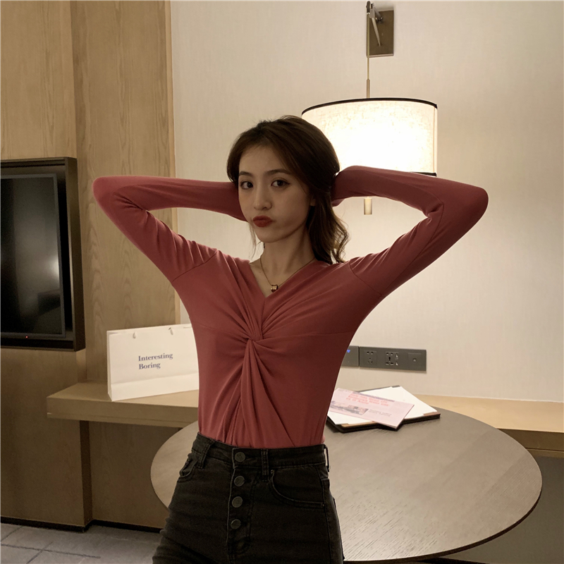 Long sleeve chest cross tie tops slim all-match pure T-shirt