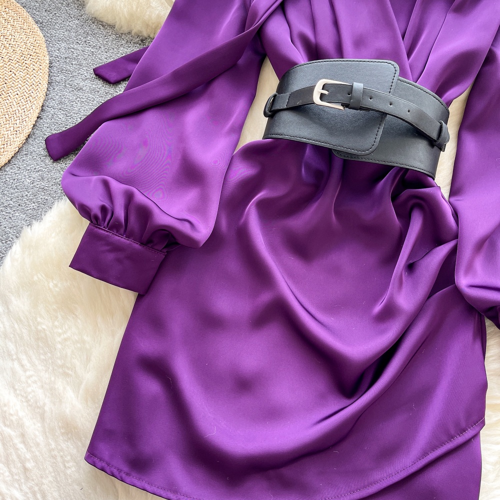 Light luxury satin belt V-neck streamer T-back for women