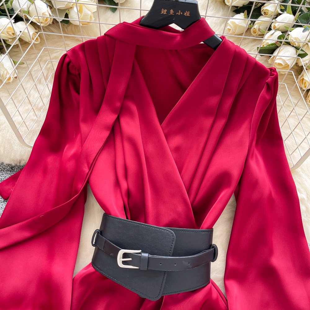 Light luxury satin belt V-neck streamer T-back for women