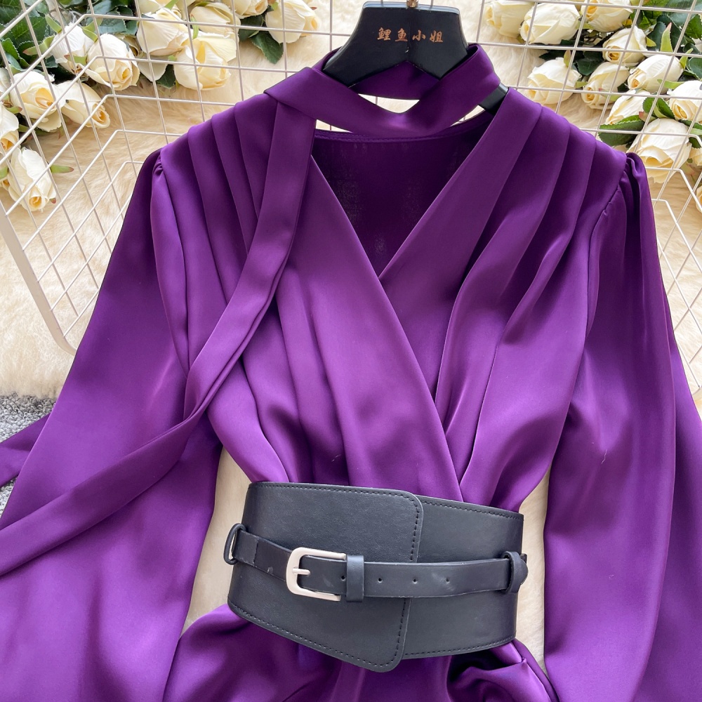 Light luxury satin belt V-neck streamer T-back for women