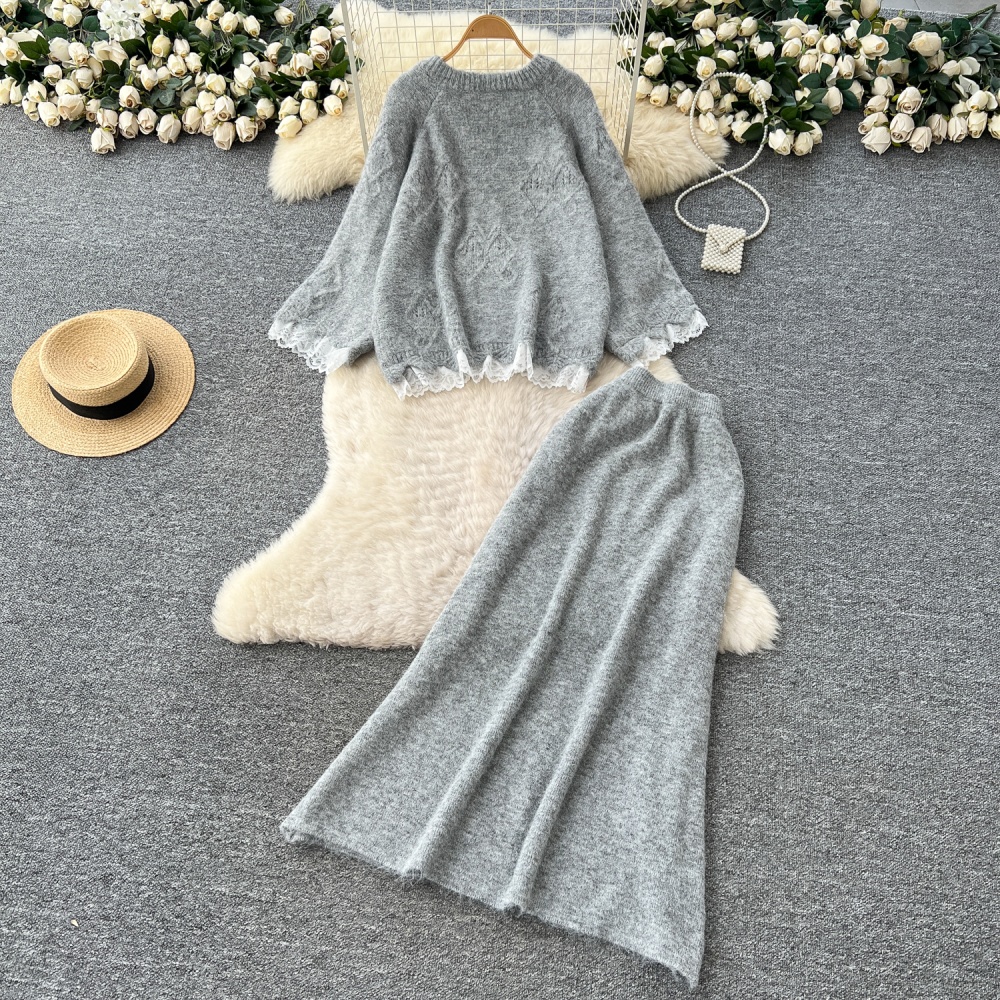 Sweet sweater autumn skirt 2pcs set for women