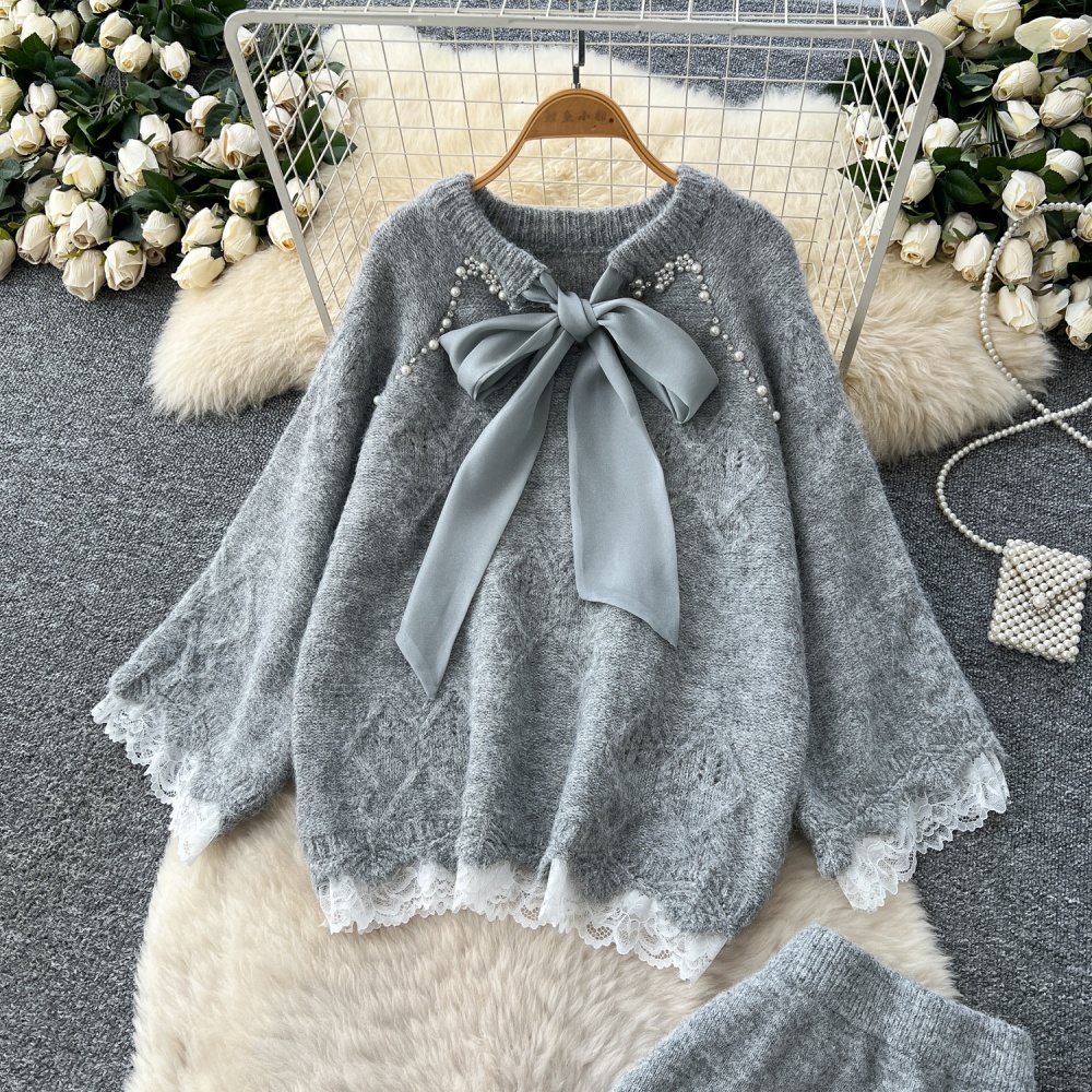 Sweet sweater autumn skirt 2pcs set for women