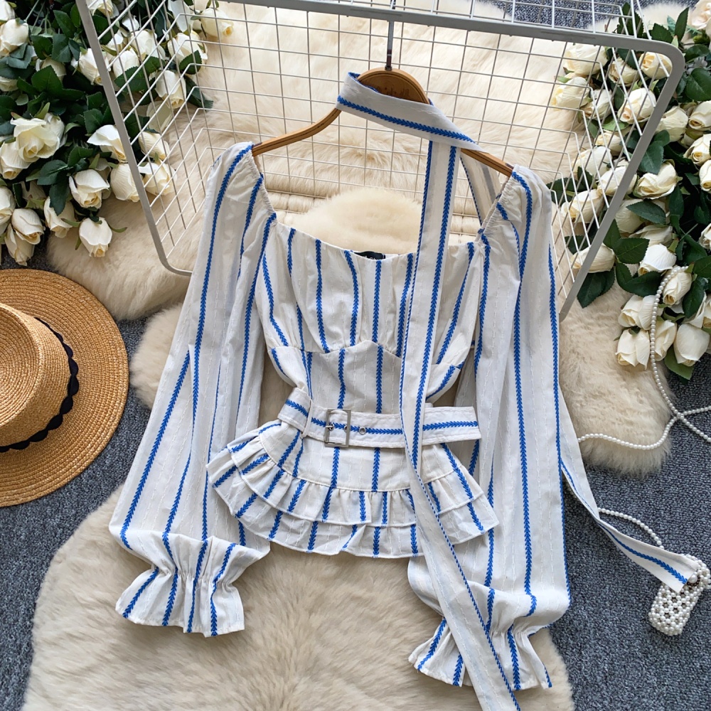 France style pinched waist tops square collar shirt for women