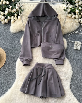 Inside the ride hooded vest high waist skirt 3pcs set for women