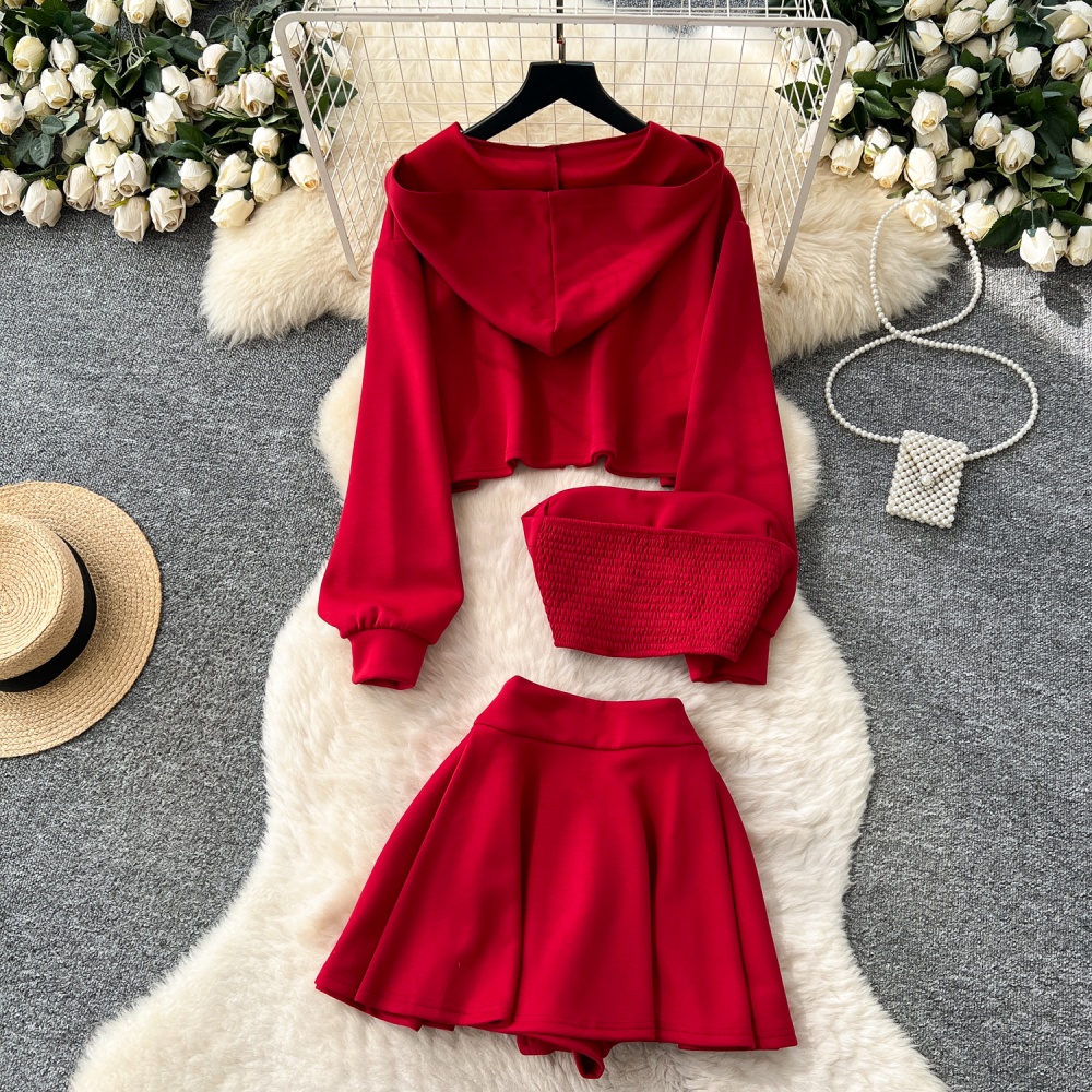 Inside the ride hooded vest high waist skirt 3pcs set for women
