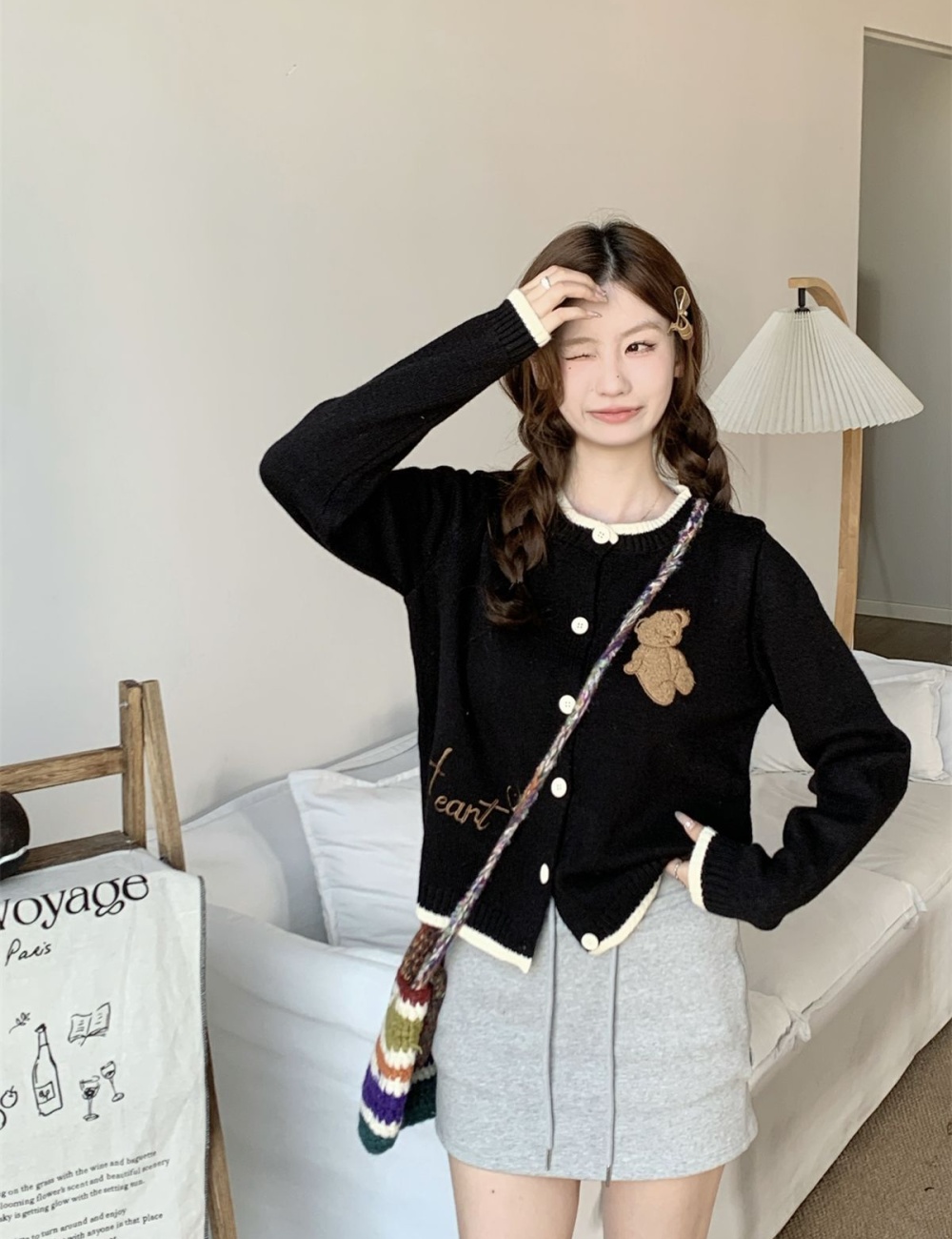 Embroidery cardigan bear small shirt for women
