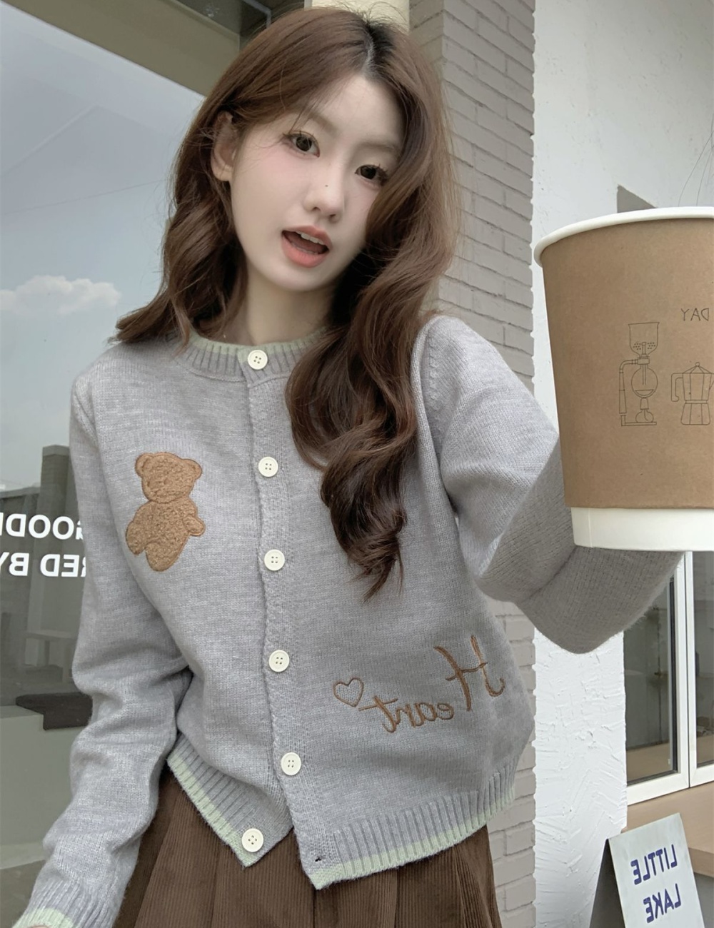 Embroidery cardigan bear small shirt for women