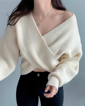 Simple cross sweater loose V-neck tops for women