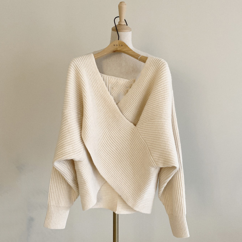 Simple cross sweater loose V-neck tops for women