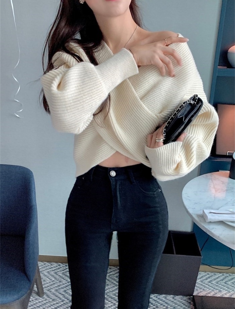 Simple cross sweater loose V-neck tops for women