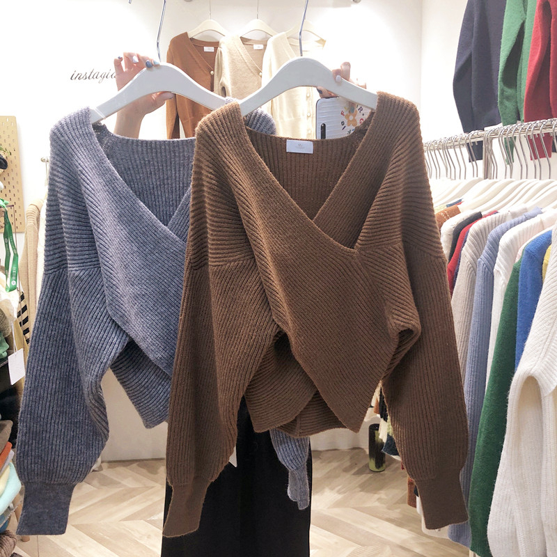Simple cross sweater loose V-neck tops for women