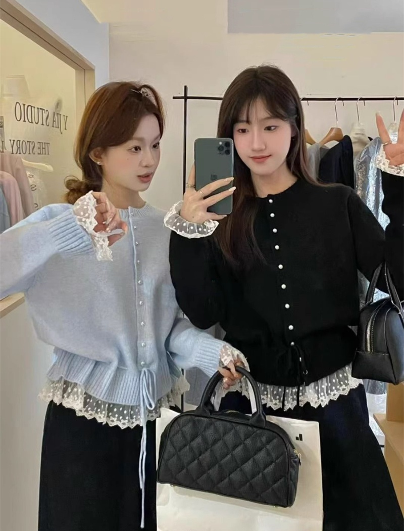 Spring lace sweet sweater frenum loose all-match tops