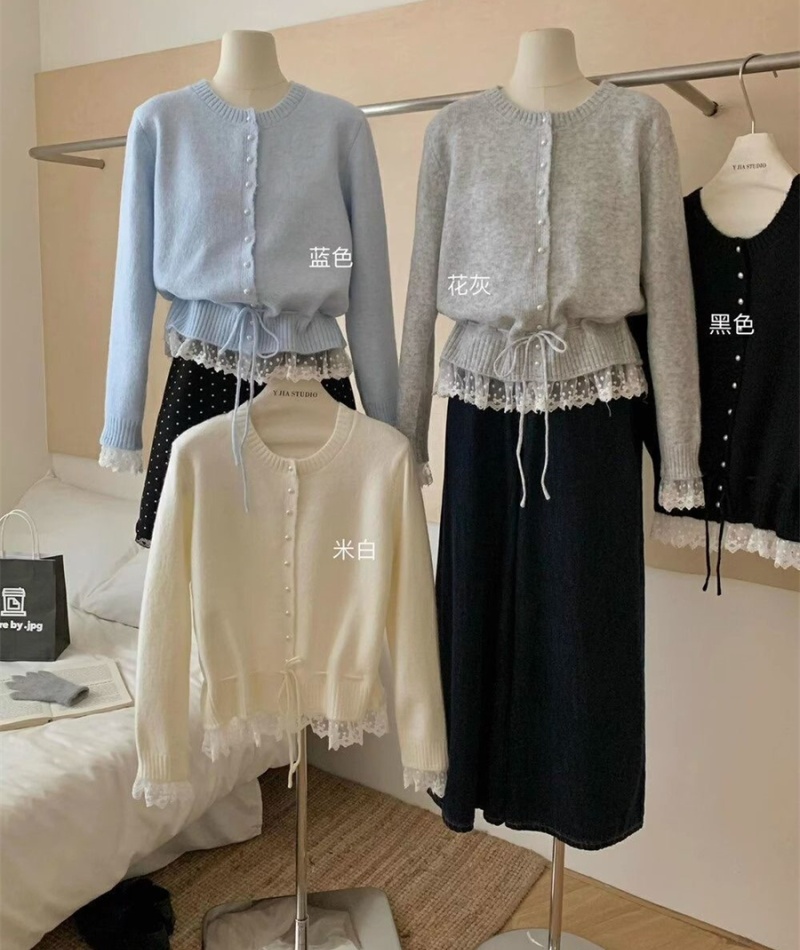 Spring lace sweet sweater frenum loose all-match tops