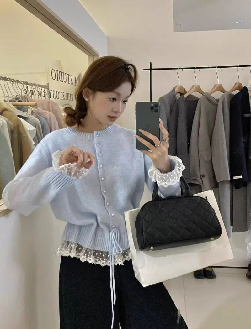 Spring lace sweet sweater frenum loose all-match tops