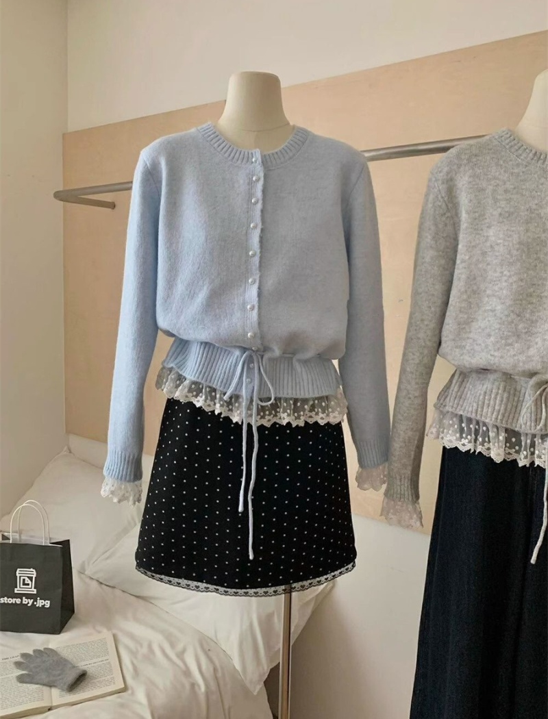 Spring lace sweet sweater frenum loose all-match tops