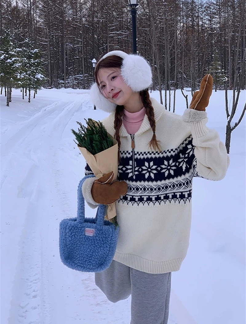 High collar pullover lazy tops jacquard loose retro sweater