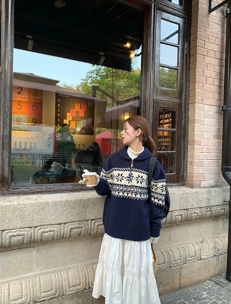 High collar pullover lazy tops jacquard loose retro sweater