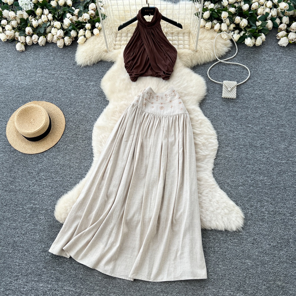 Cross sleeveless tops drape halter skirt a set for women