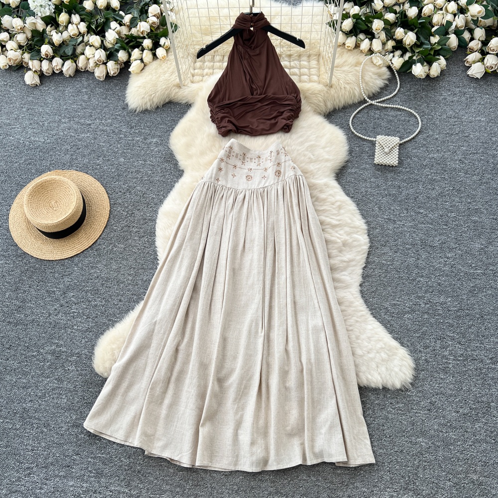 Cross sleeveless tops drape halter skirt a set for women