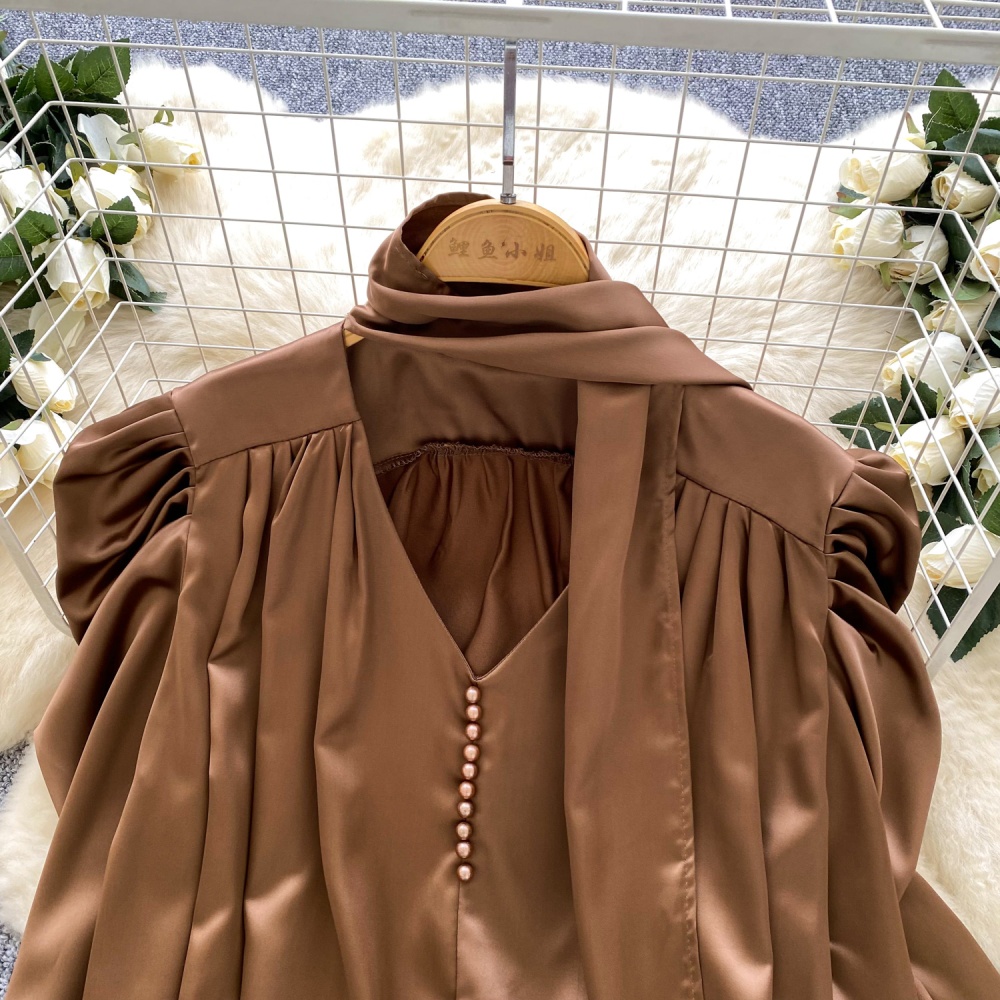 Streamer slim satin tops autumn halter shirt for women